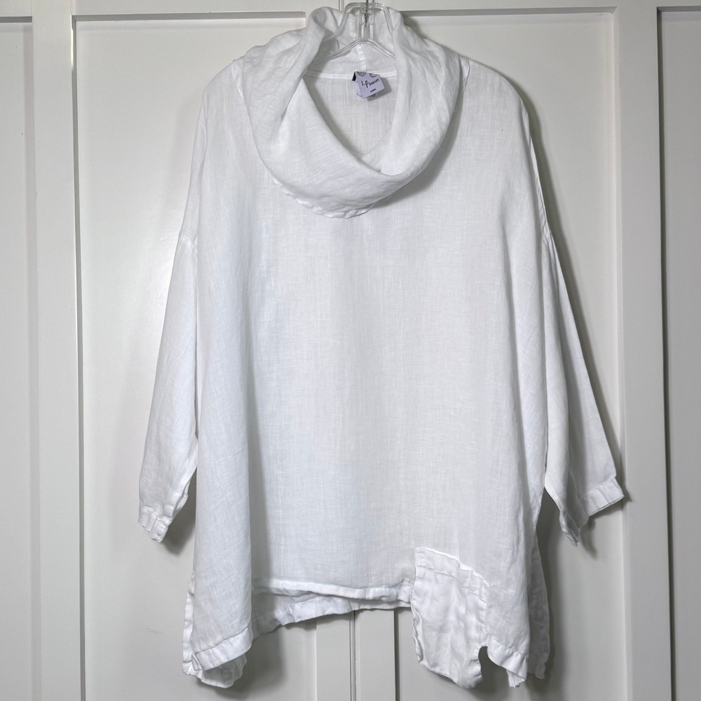 La Fixsun Womens White Linen Cowl Neck Oversized Tunic Top Lagenlook USA L